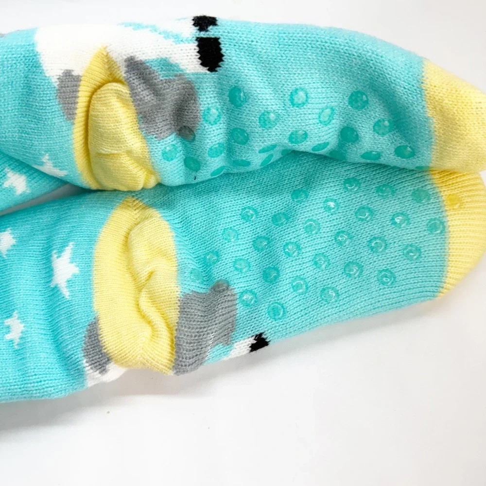 NWT Sherpa Theme Socks Unicorn Star Turquoise Blue Non-Slip Slipper Socks OSFM